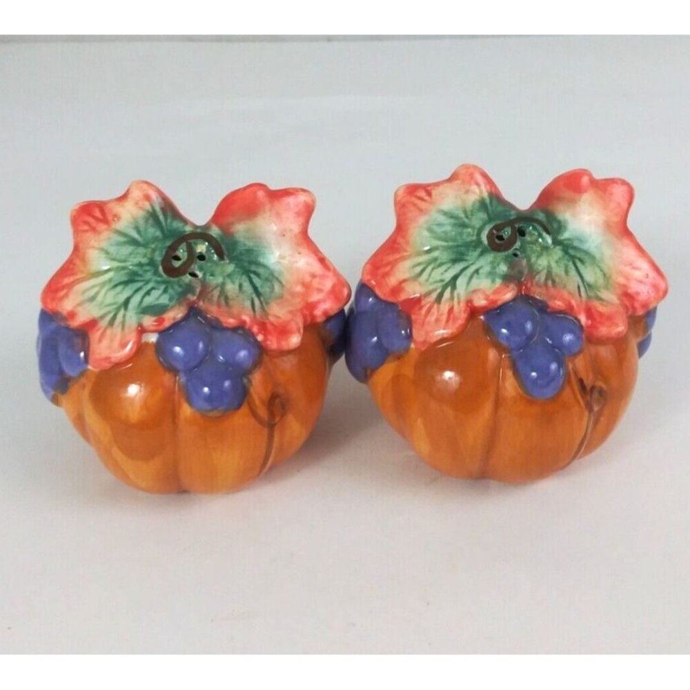 Vintage WCL Thanksgiving Fall Pumpkins With Grapes 3" Salt & Pepper Shakers